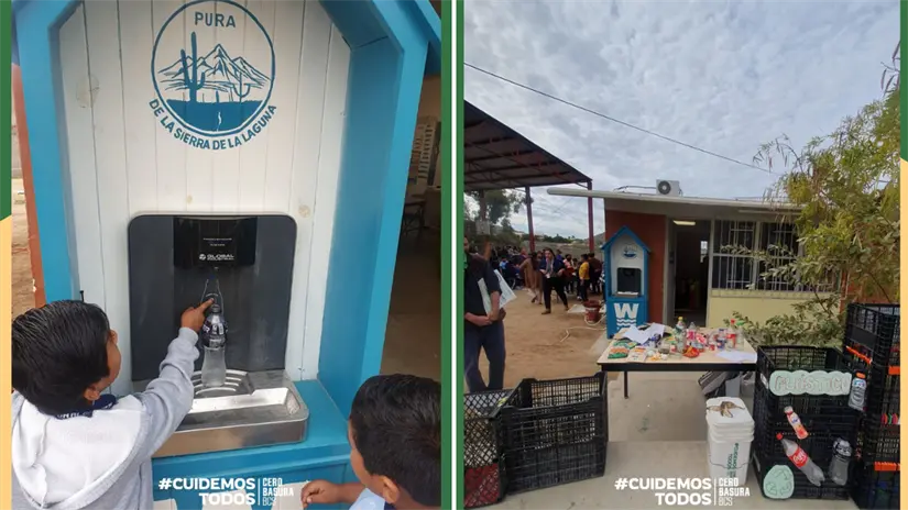 Con la colaboración de la Primaria Gral. Melitón Albañez, @waterwaysbaja_mx, se instaló una estación de agua para evitar el uso de botellas desechables. Foto: Alianza Cero Basura - Zero Waste Alliance - Baja California Sur