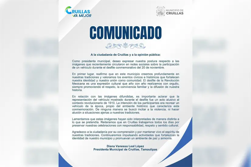 Comunicado emitido por el ayuntamiento de Cruillas, Tamaulipas. Foto: Carlos García