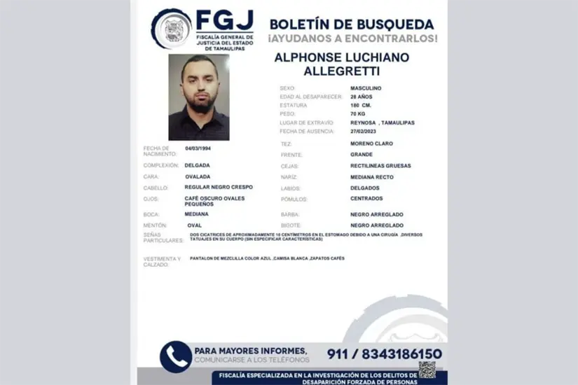 imagen recuadro Alphonse Luchiano Allegretti, ya había desaparecido hace 2 años | Foto: FGJ Tamaulipas