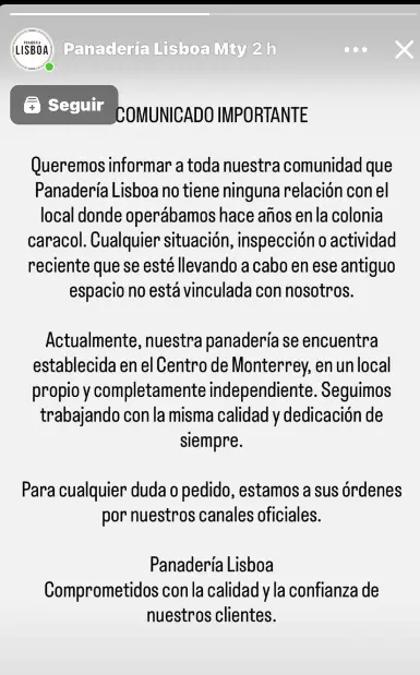 Comunicado Panadería Lisboa. Foto. Instagram.