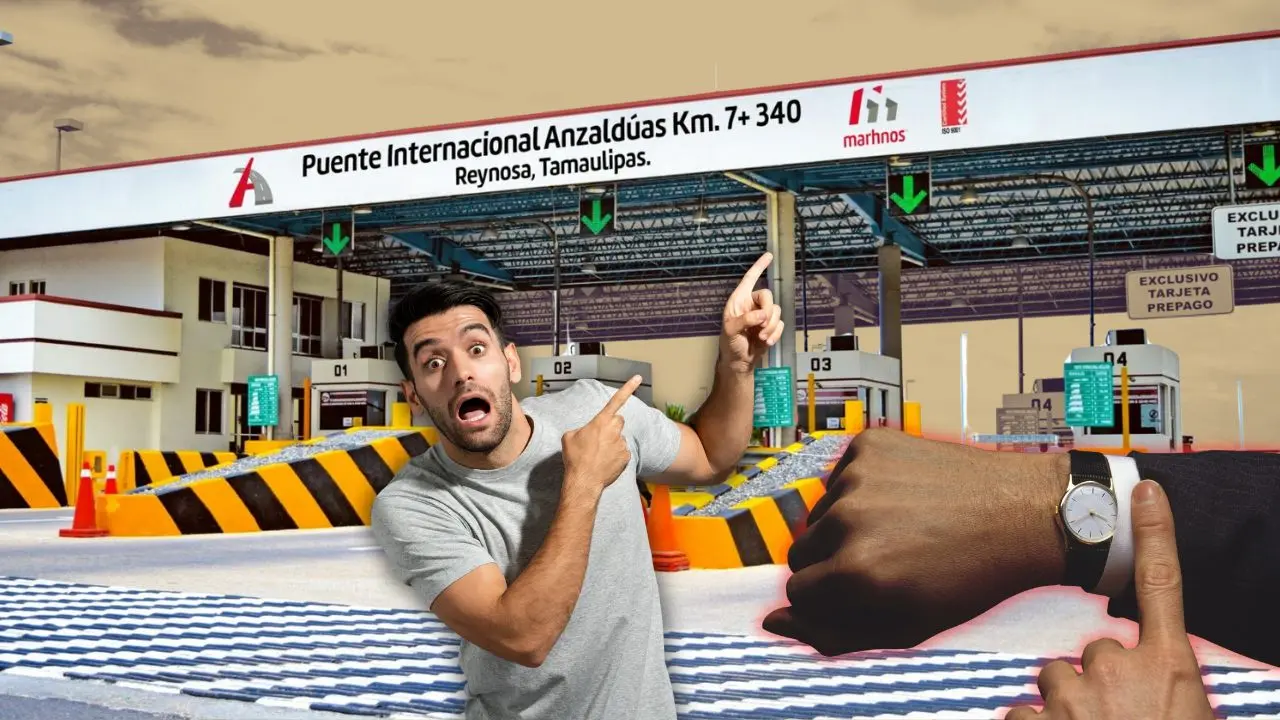 Entrada al puente desde el lado mexicano y un hombre apuntando Foto: Canva