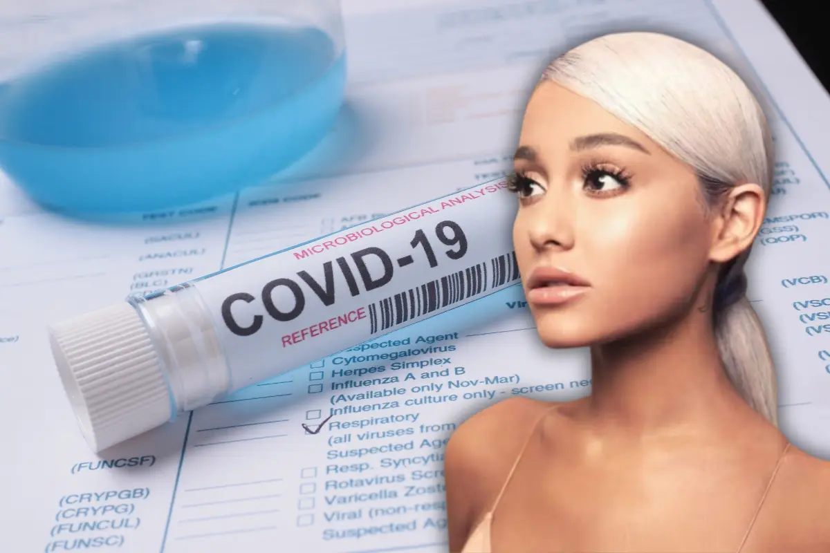 Fotografías de Ariana Grande con un fondo que muestra un recipiente con la leyenda “COVID-19” (Foto: IG @arianagrande / Canva)