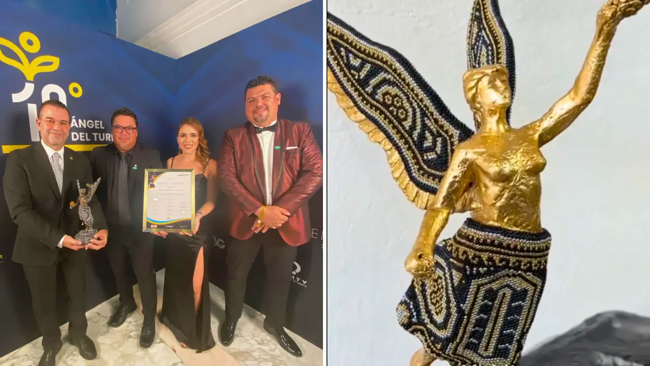 Organizadores del torneo paceño posaron con el galardón que distingue a las experiencias más destacadas del turismo en México. Foto: Torneo de Pesca El Grande | @angeldelturismo / X