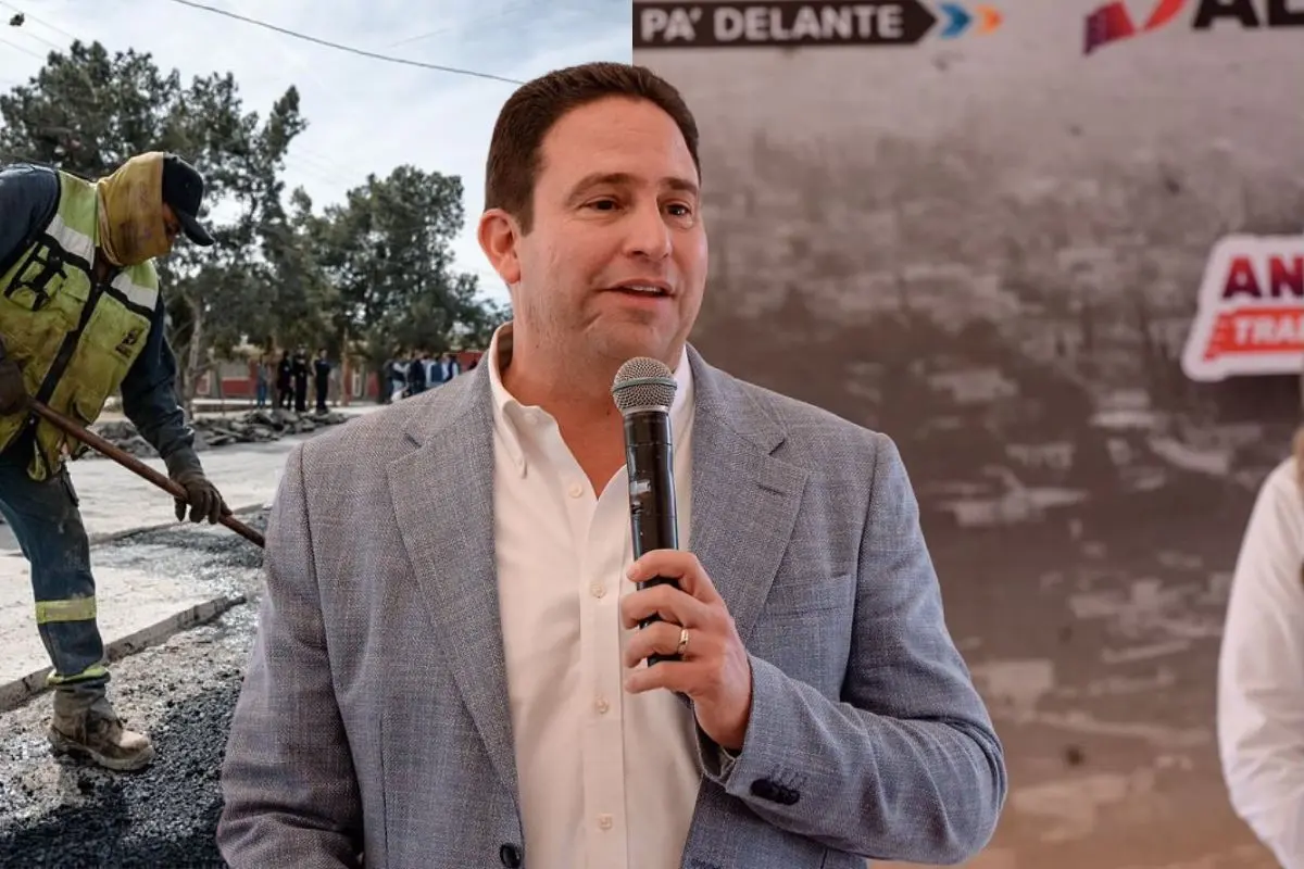 Javier Díaz con fondo de obras realizadas en Saltillo en representación del plan de arranque para 2026 / Fotos. Gobierno de Saltillo | Canva