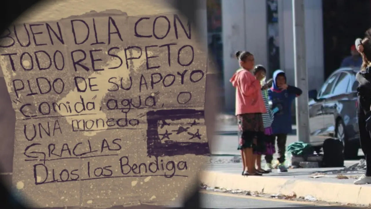 Menores pidiendo dinero en calles de Monterrey y un cártel. Foto: Composición Canva