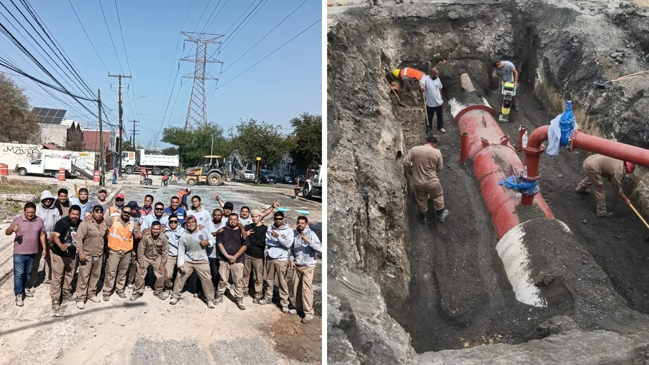 Cuadrilla de Servicios de Agua y Drenaje de Monterrey realizando trabajos en la fuga de la avenida López Mateos en Guadalupe. Foto: Agua y Drenaje