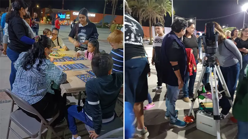 imagen recuadro Asistentes observan el cielo con telescopios instalados en la explanada de Gobierno del Estado, 2024. Foto: Noche de las Estrellas La Paz / Facebook