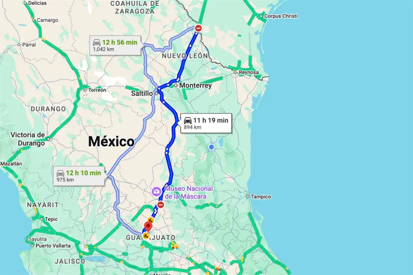 imagen recuadro Trayecto actual desde la zona industrial de Guanajuato hacia Nuevo Laredo, Tamaulipas. Foto: Google Maps
