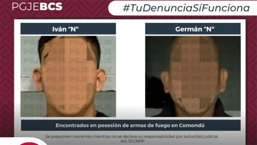 imagen recuadro Germán “N” e Iván “N”, identificados como “El Grande” y “El Tarza”, fueron puestos a disposición del Ministerio Público. Foto: Gobierno de BCS