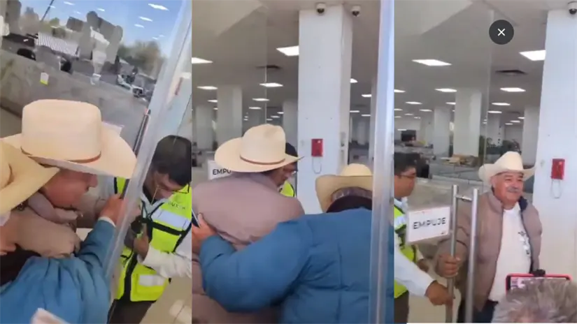 Campesinos entrando a las instalaciones de Aduana de Ciudad Juarez. | FOTO: Captura de pantalla (collage de canva)