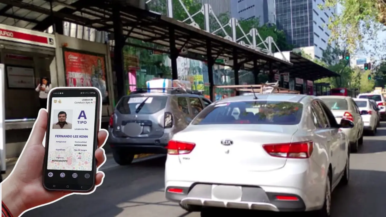 Automóviles circulando en calles de CDMX, licencia permanente digital en CDMX. Foto: X (@OVIALCDMX) | X (@LaSEMOVI) | Canva