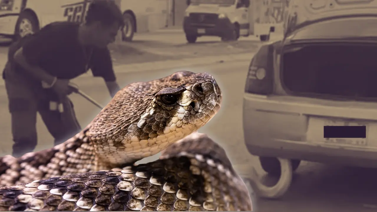 Una serpiente en el mofle de un vehículo y una serpiente de cascabel. Foto: Composición Canva