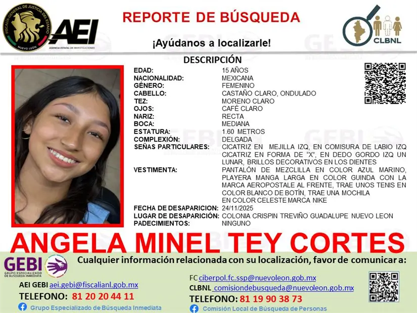 imagen recuadro Ficha de búsqueda emitida por el Grupo Especializado de Búsqueda Inmediata en Nuevo León, de la menor Ángela Minel Tey. Foto: Facebook GEBI