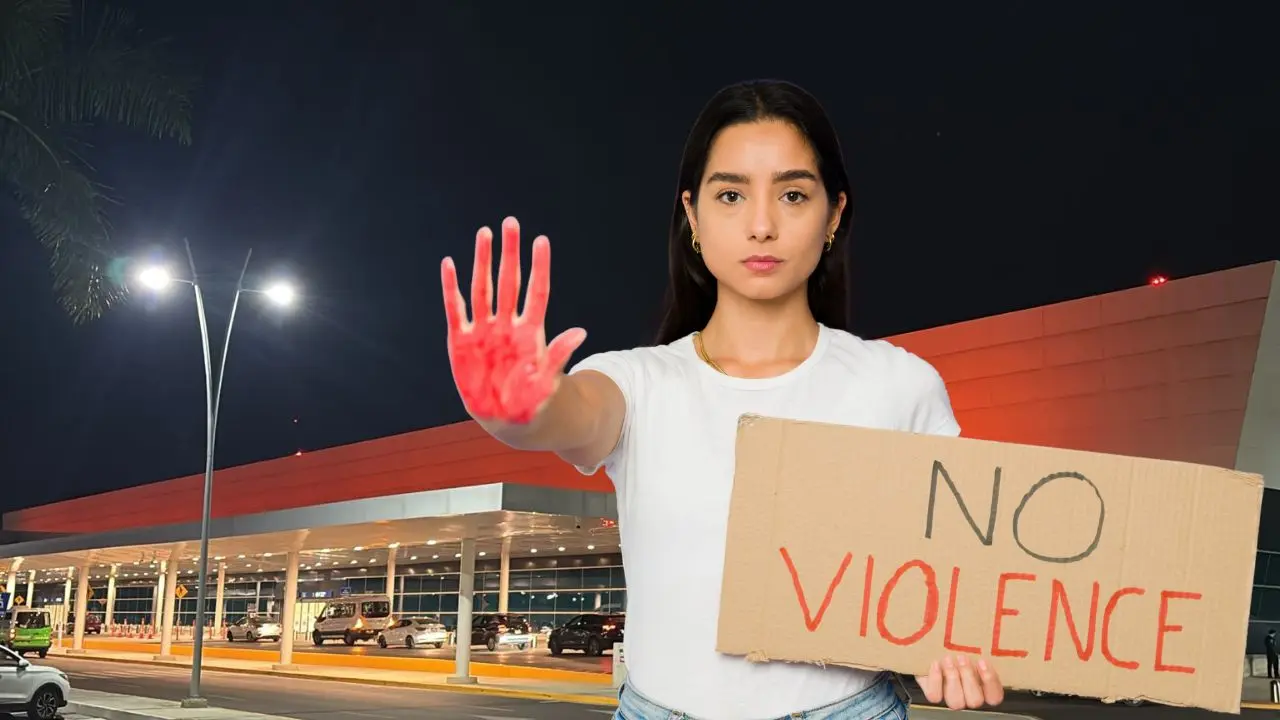 Al fondo, aspecto de la fachada del Aeropuerto Internacional de Mérida que se ilumino de naranja para conmemorar el  Día Internacional de la Eliminación de la Violencia contra las Mujeres.- Fuente Grupo ASUR y Canva