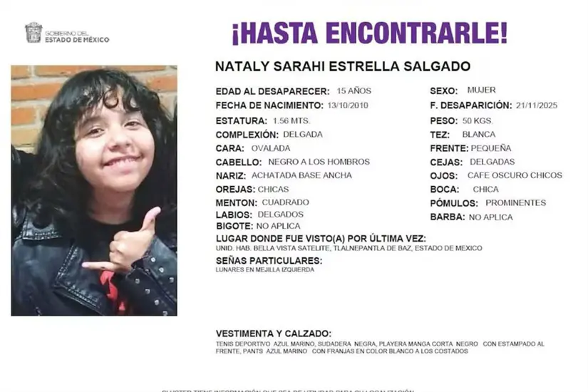 imagen recuadro Autoridades del Edomex han activado la ficha de búsqueda por la desaparición de Nataly Sarahi.