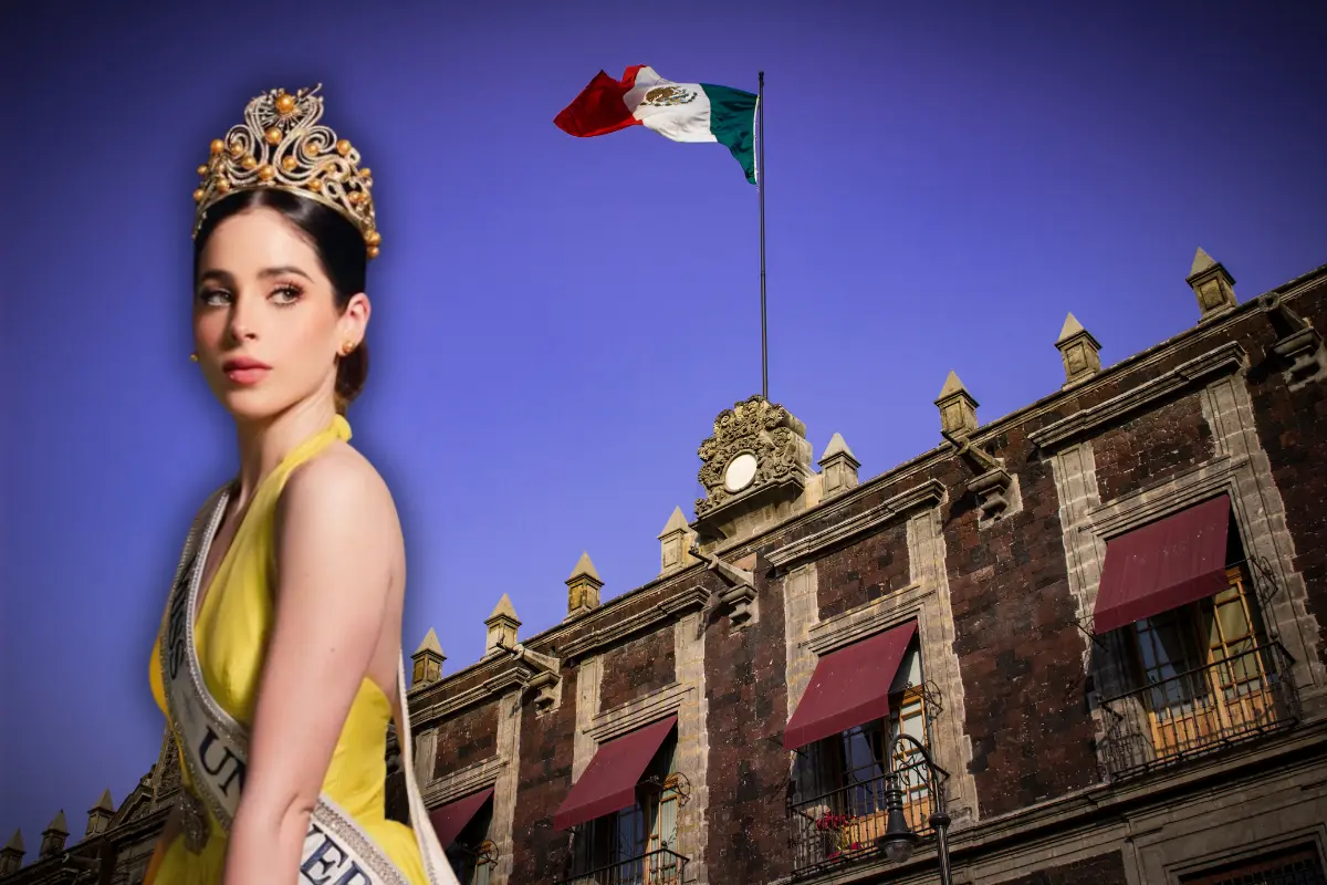 Familia Bosch posando con la corona de Miss Universo y, de fondo, el Palacio Nacional (Foto: IG @fatimaboschfdz, @missuniverse / Canva)