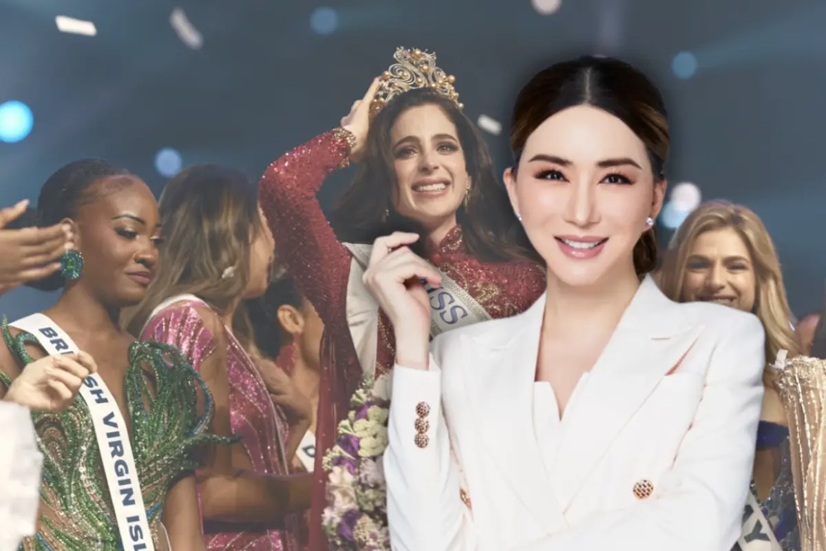 Jakkaphong Jakrajutatip posando para una revista, con un fondo en el que aparece Fátima Bosch (IG @annejkn.official / Canva)