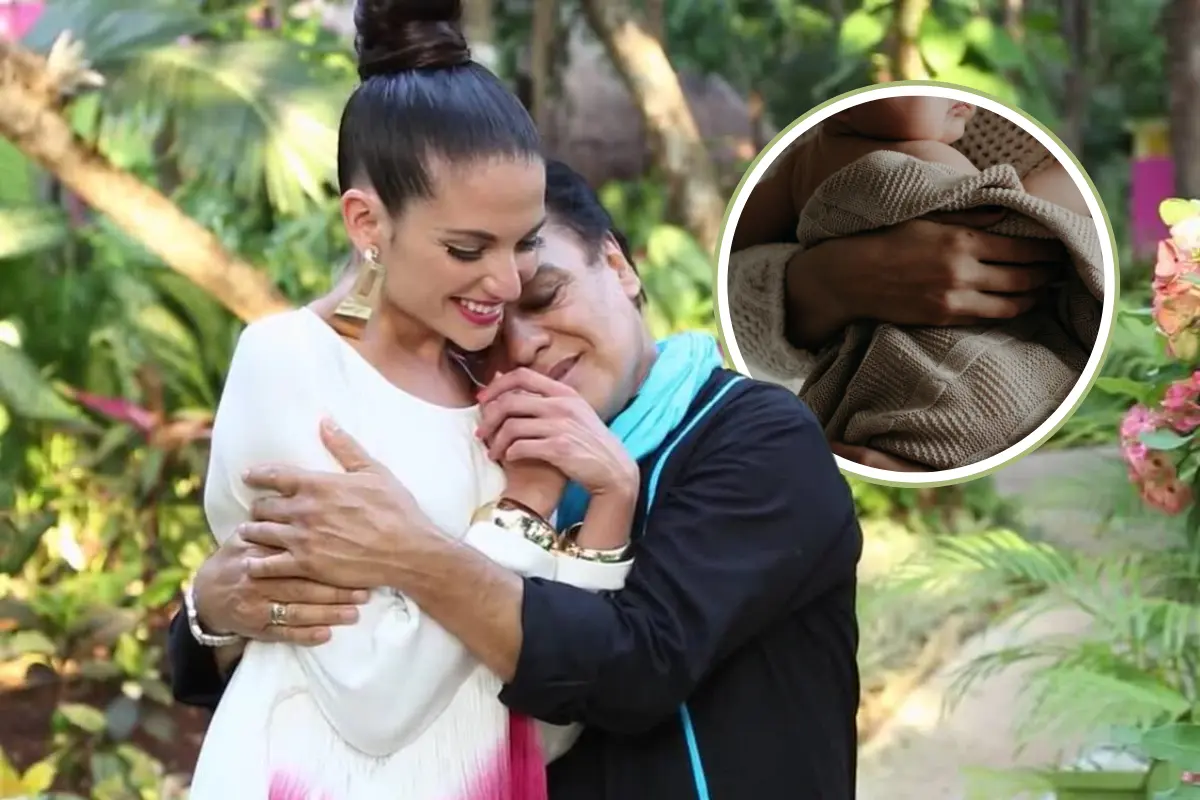 Natalia Jiménez y Juan Gabriel abrazándose en un jardín (Foto: @nataliajimenezoficial / Canva)