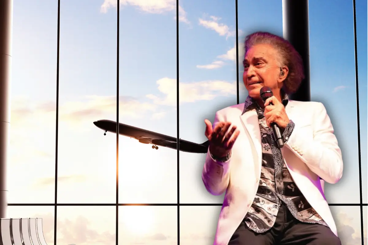 “El Puma”, sentado con un micrófono en la mano y de fondo un aeropuerto (Foto: IG @elpumaoficial / Canva)