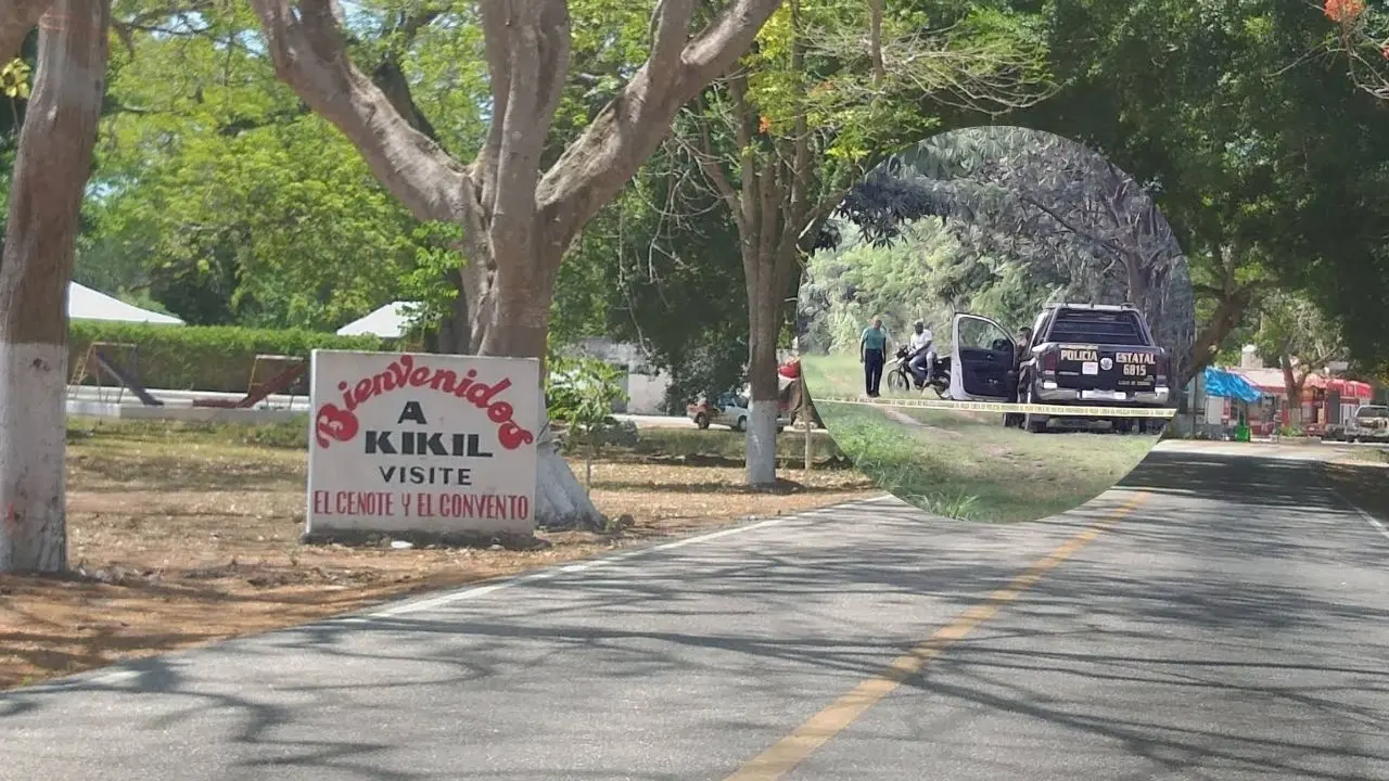 Aspecto de la entrada a la comunidad de Kikil, Yucatán, donde fue hallado el cuerpo de una persona conocida con el apodo de “Payasito”.- Fuente El Sol de Yucatán y Veronica Kobak