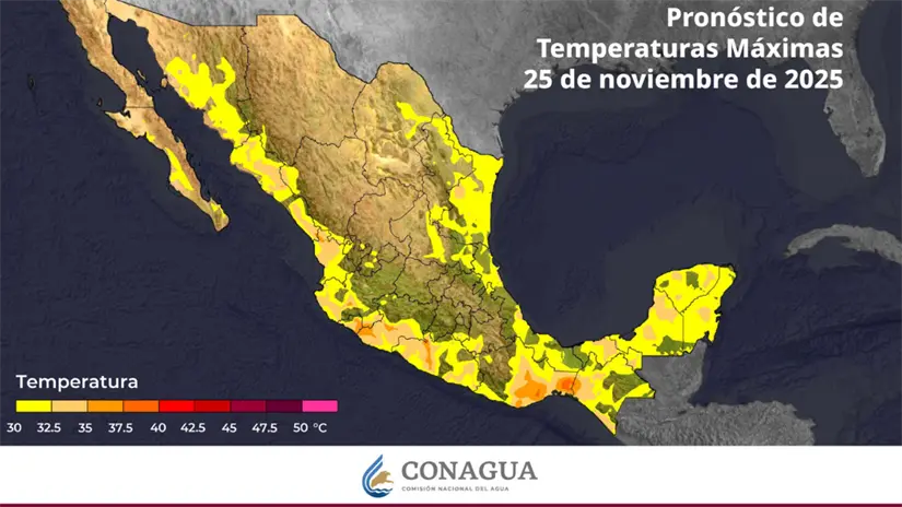 imagen recuadro Tempreraturas máximas que se esperan en México durante el 25 de noviembre de 2025. Foto: Conagua