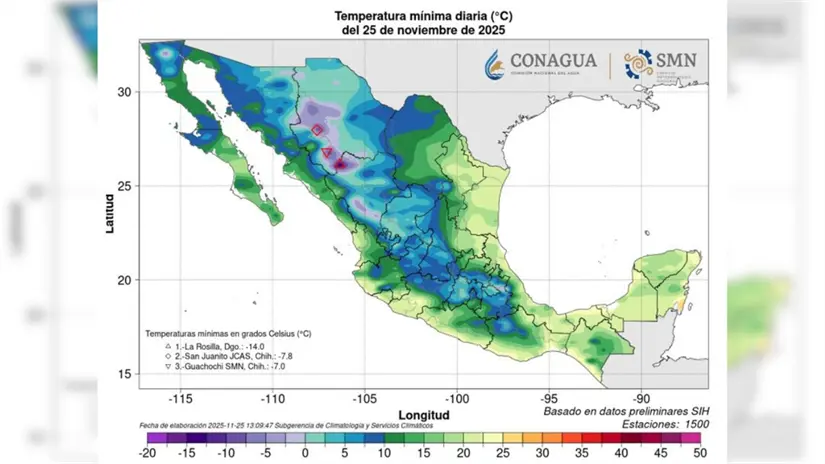 imagen recuadro Mapa de las temperaturas más bajas esperadas a nivel nacional. Foto: Conagua