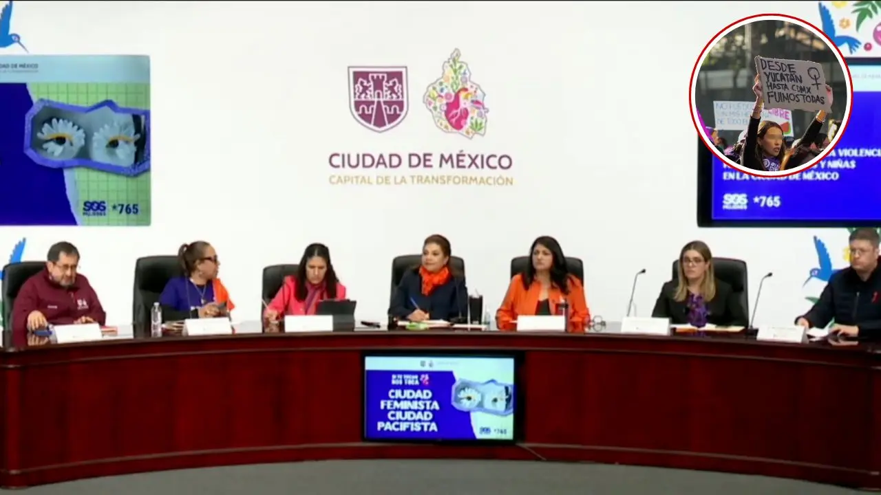 Clara Brugada en conferencia de prensa, marcha 25 N en CDMX.  Foto: Clara Brugada | Comunidad UNAM | Canva
