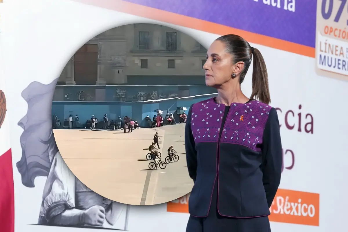 Presidenta Claudia Sheinbaum, vallas metálicas en Palacio Nacional previo al 25N Foto: Presidencia| webcamsdemexico | Canva