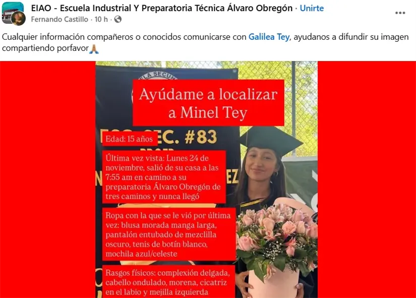 imagen recuadro Publicación en un grupo de la Escuela Industrial y Preparatoria Técnica Álvaro Obregón, en el municipio de Guadalupe, sobre la desaparición de la menor Ángela Minel Tey. Foto: Redes Sociales