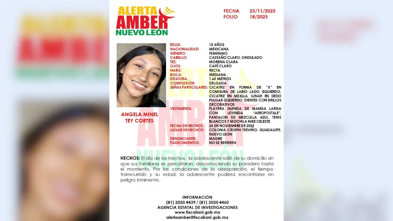 Ficha de la Alerta Amber de la menor Ángela Minel Tey, desaparecida en el municipio de Guadalupe. Foto: Canva/Fiscalía General de Justicia de Nuevo León