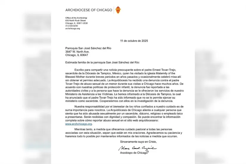 imagen recuadro Comunicado emitido por la Arquidiócesis de Chicago en relación al caso del sacerdote tamaulipeco investigado. Foto: Arquidiócesis de Chicago