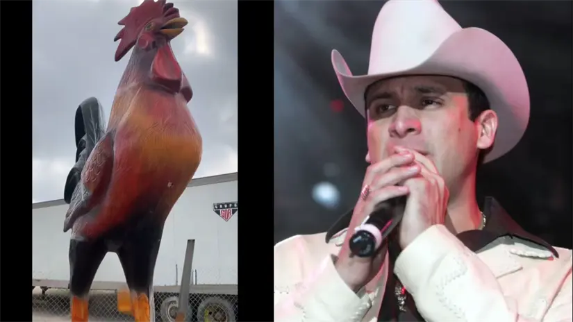 A fuera del palenque se colocó una figura de un gallo metálico en honor a Valentín Elizalde | Foto: TikTok Aurelio Acuña