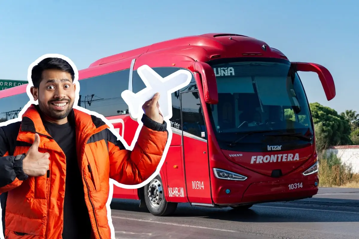 Autobus de viajes arriba a Acuña, Coahuila y turista ejemplifica la llegada masiva de paisanos / Foto: Composición Canva