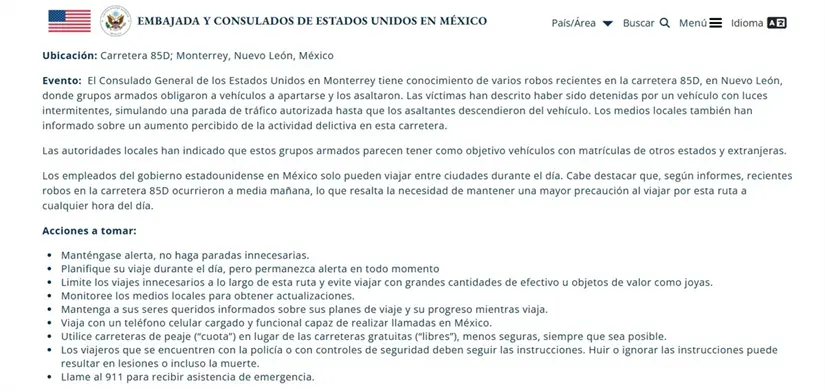 imagen recuadro Comunicado emitido por la Embajada y Consulado de Estados Unidos en Monterrey sobre la alerta en la carretera 85D. Foto: Sitio web Consulado de Estados Unidos en Monterrey