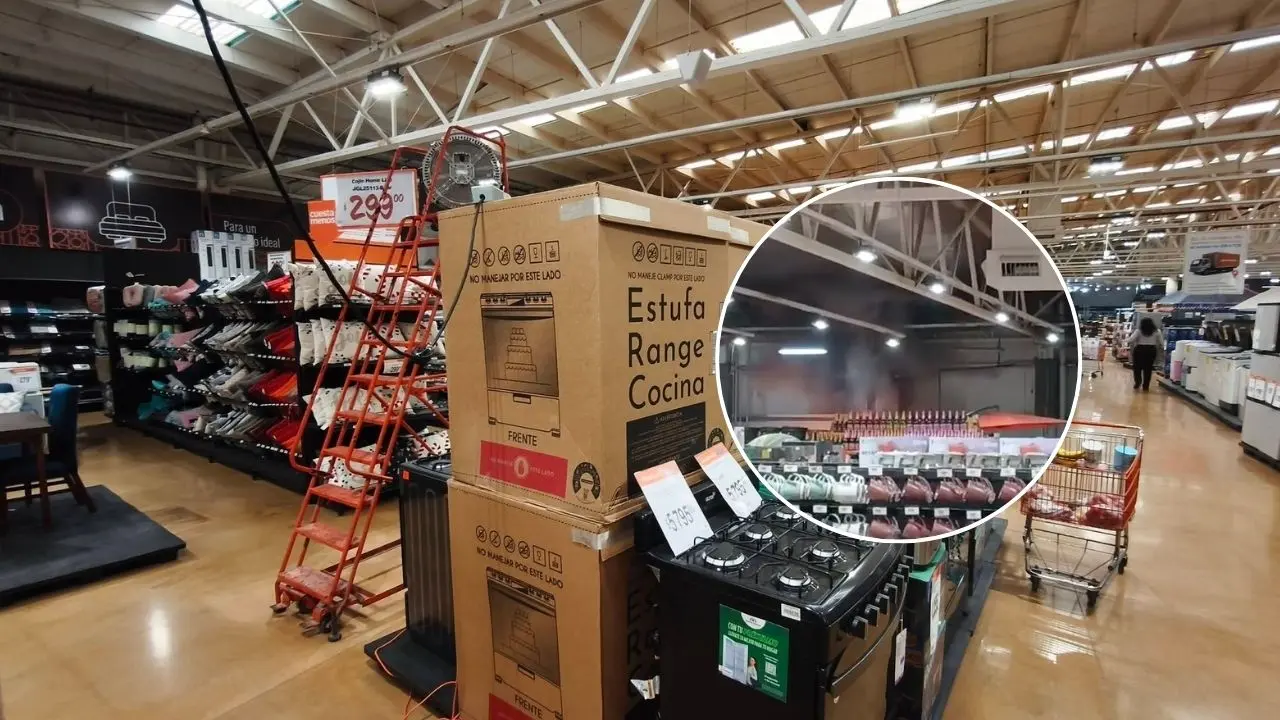 Al fondo, aspecto de uno de los pasillos de la tienda Chedraui de Ciudad Caucel. En el circulo, una toma del incendio que se regisrtró este miércoles en el interior del comercio.- Fuente Península al Extremo