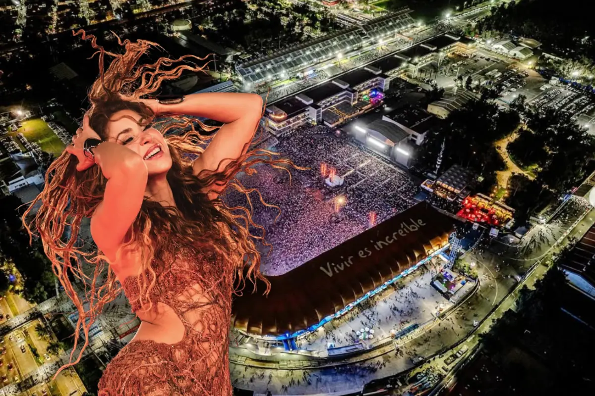 Shakira bailando en concierto y de fondo el Estadio GNP (Foto: IG @estadiognpseguros, @shakira / Canva)