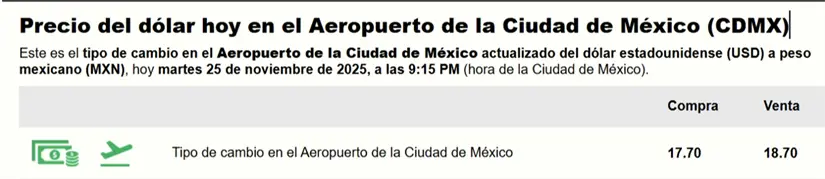 Precio del dólar en la página del AICM. Foto: captura de pantalla 