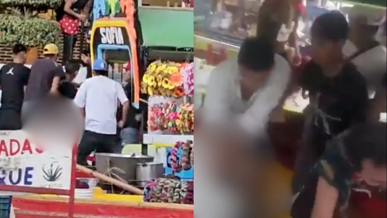 Pelea en las trajineras de Xochimilco entre remeros y usuarios. Foto: captura X (@REPORTINQUIETO) | Canva