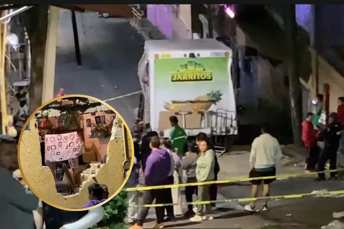 Camión de Jarritos pierde el control y se impacta contra domicilio. Foto: Especial