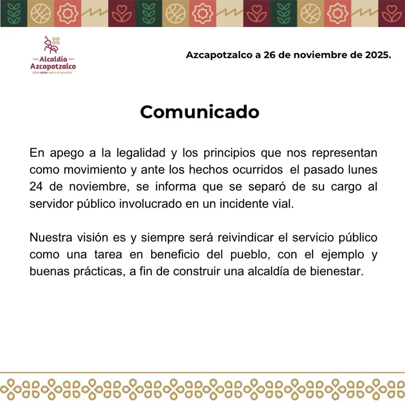 Comunicado de la alcaldía Azcapotzalco sobre el funcionario que tuvo accidente. Foto: X @AzcapotzalcoMx