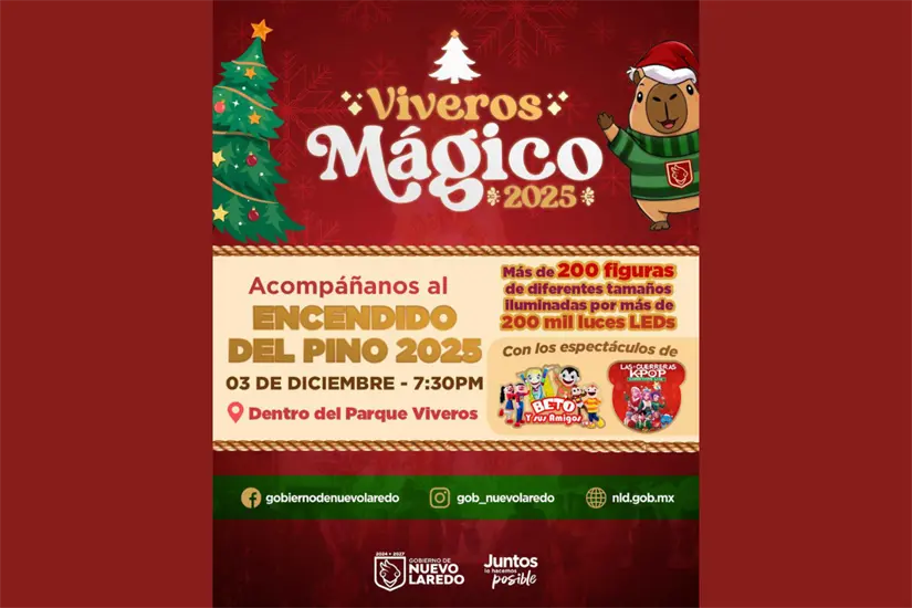 imagen recuadro El encendido del pino será el próximo 3 de diciembre en Viveros Mágico | Foto: gobierno de Nuevo Laredo