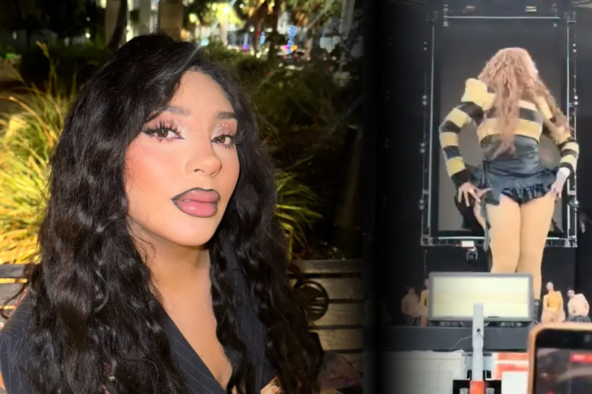 Bellakath, en una sesión de fotos, y al fondo una imagen difuminada de su presentación en el Flow Fest 2025 (Foto: X @labellakath / Canva)