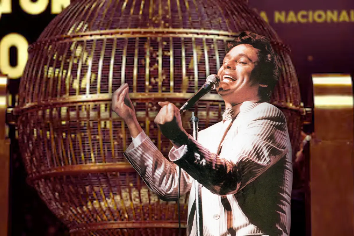 Juan Gabriel cantando y de fondo la tómbola de la Lotería Nacional (Foto: IG @soyjuangabriel_ / Canva)