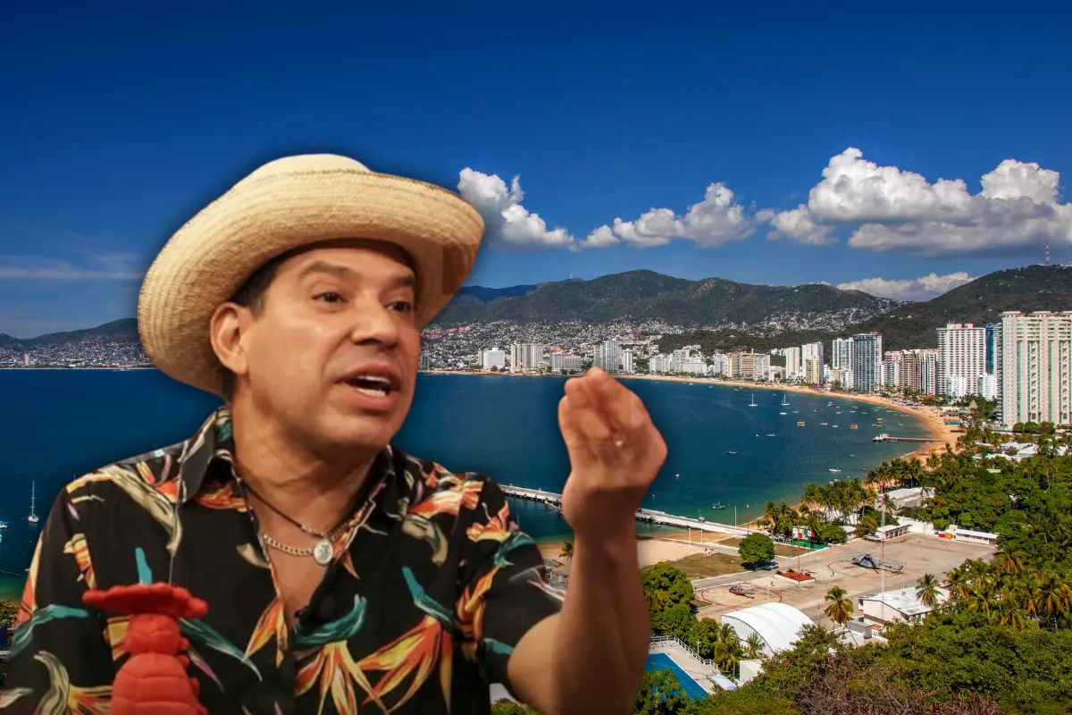 Foto de “El Costeño” levantando la mano para hacer una seña, con el puerto de Acapulco al fondo (Foto: IG @elcostenohumorista / Canva)