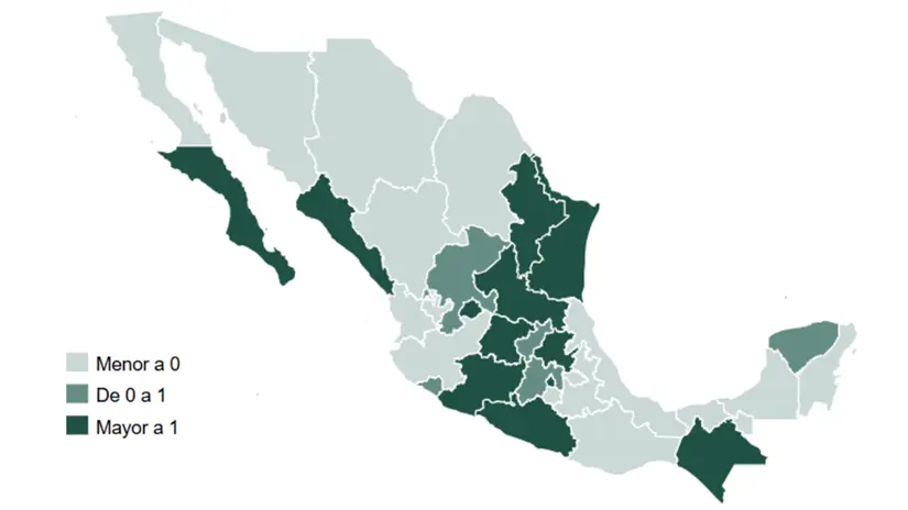 imagen recuadro Mapa nacional que muestra las entidades con crecimiento positivo en 2025; Baja California Sur aparece entre los estados con mayor dinamismo. Foto: INEGI