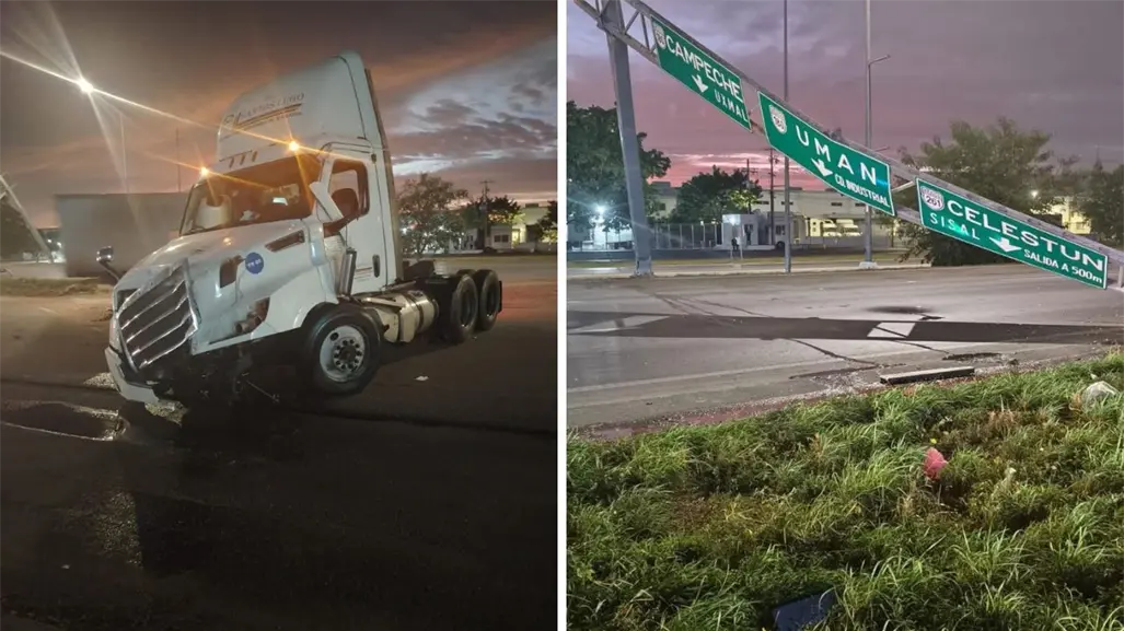 Caos en el Periférico de Mérida por un tráiler que derribó señalamientos y bloqueó tres carriles