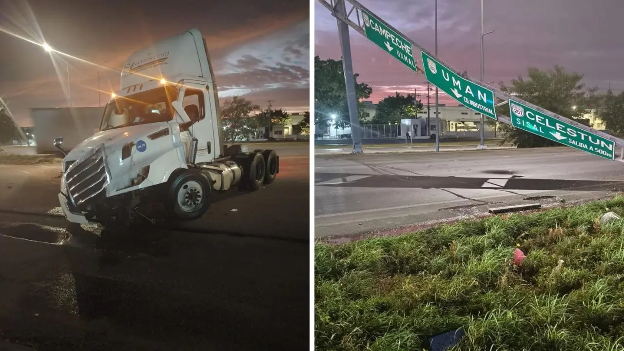 Aspectos del accidente matutino registrado este jueves en un tramo del Periférico de Mérida que involucro a un trailer que derribó un señalamiento.- Fuente SSP