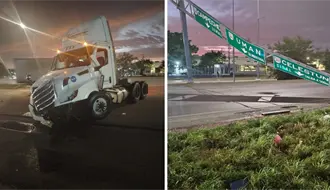 Caos en el Periférico de Mérida por un tráiler que derribó señalamientos y bloqueó tres carriles