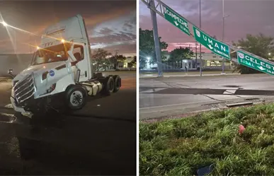 Caos en el Periférico de Mérida por un tráiler que derribó señalamientos y bloqueó tres carriles