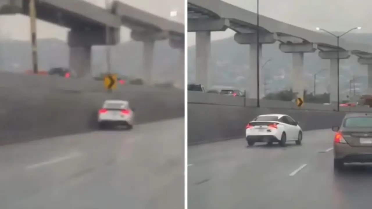 Vehículo derrapa y se estampa contra barda de gasolinera en avenida Constitución en el municipio de Monterrey. Foto: Redes Sociales